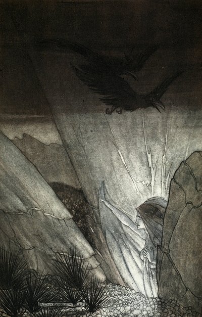 「エルダはあなたに注意を払います」、1910年の「ラインゴールドとヴァルキリー」からのイラスト 作： Arthur Rackham